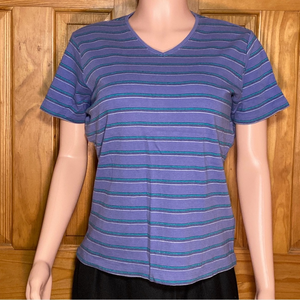 NWOT White Stag Vintage 90s Top V Neck Short Sleeve Blouse Purple Blue L Large